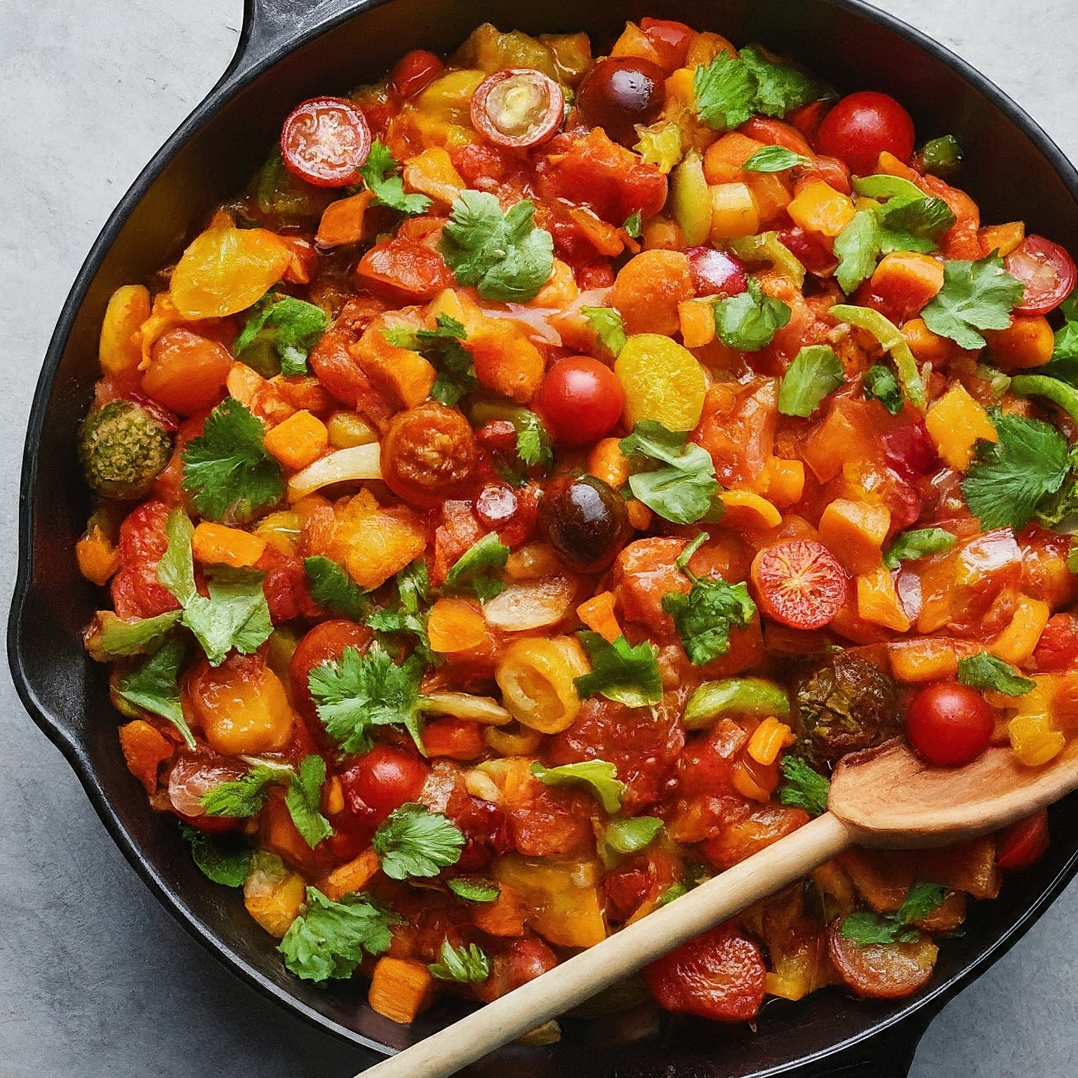 A vibrant South African Chakalaka salad featuring a colorful mix of vegetables like tomatoes peppers carrots and onions simmered in a spicy tomato based sauce 