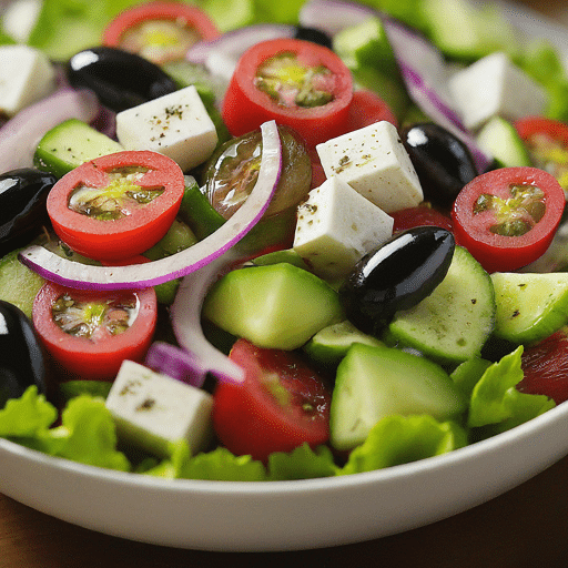 a bowl of greek salad filled with cheese tomatoes and several other veggies 