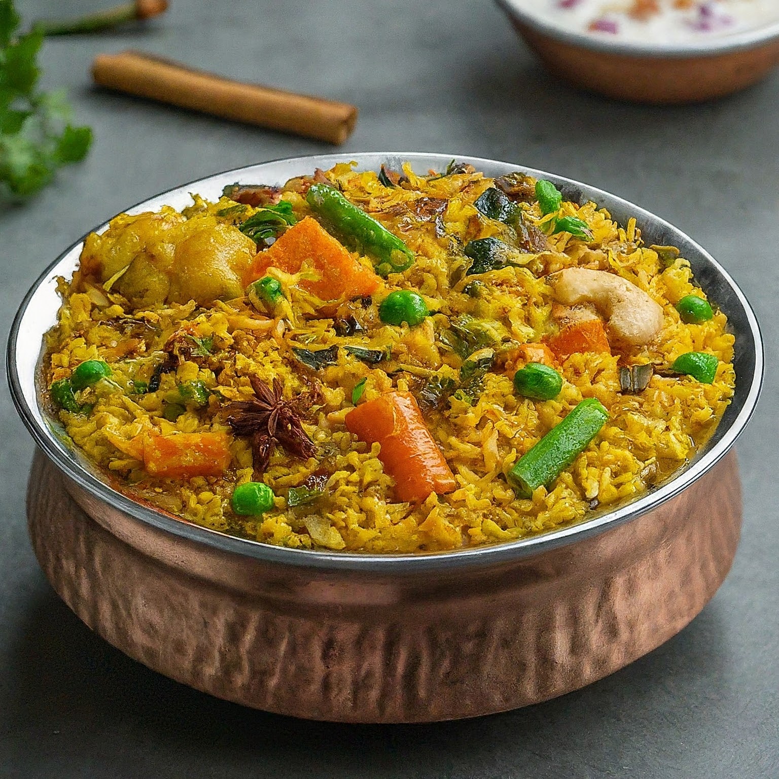 a copper bowl filled with chettinad style vegetable biryani splinkered with green veggies cashew and carrots