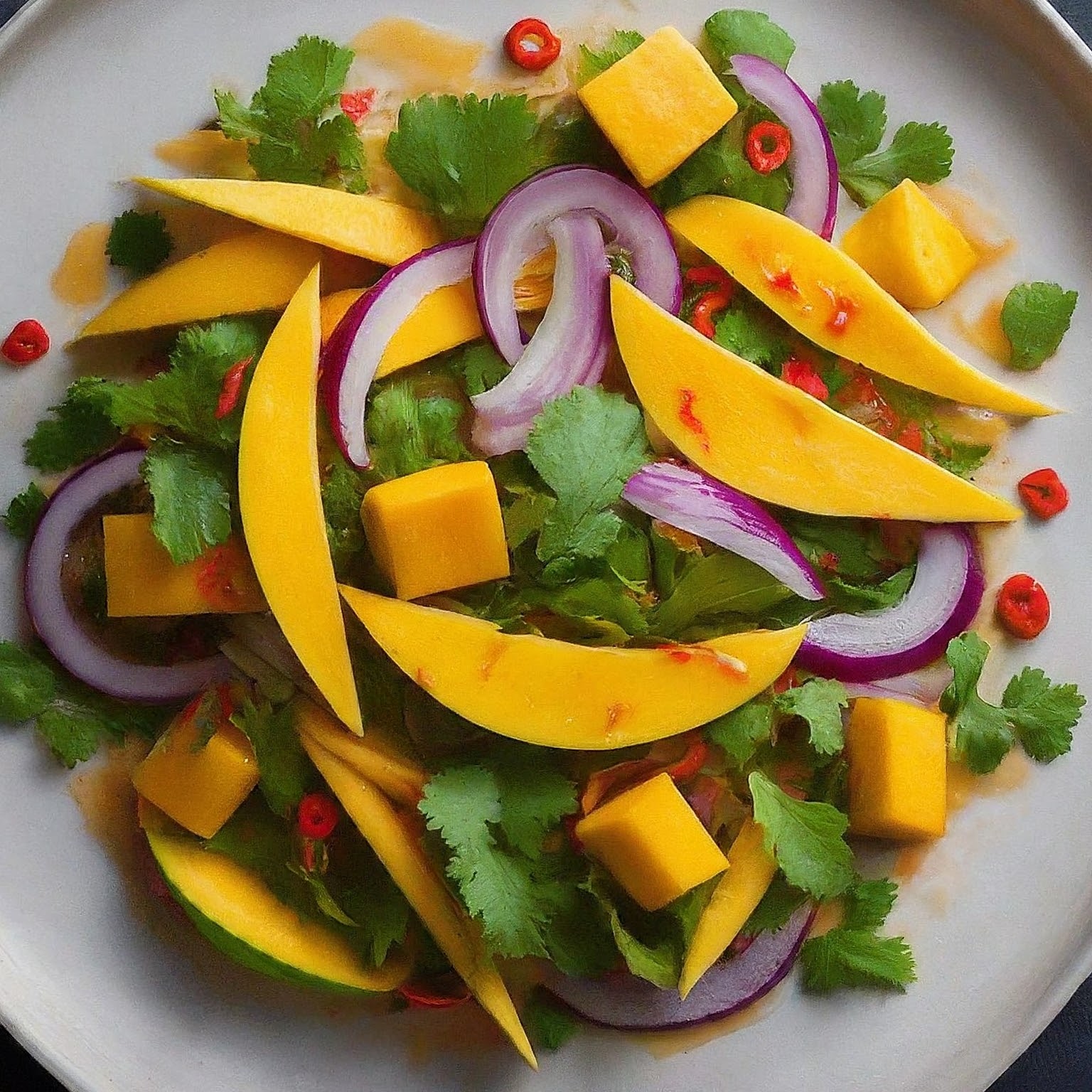 a popular lunch salad recipe thai mango salad in a plate with additional fruits and vegetables