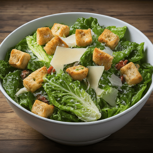 freshly prepared caeser salad with lettuce parmesan cheese and many other ingredients