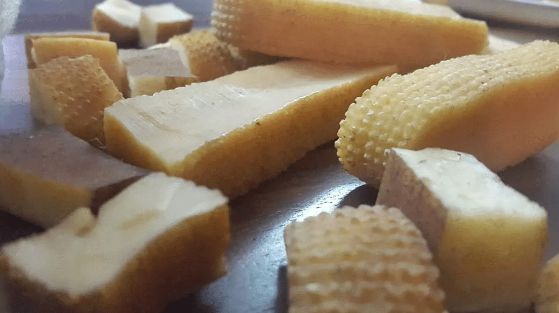 A close up of Chhurpi a hard chewy cheese popular in the Himalayan regions