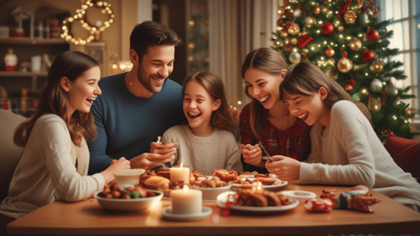 A family of 5 having a Christmas dinner