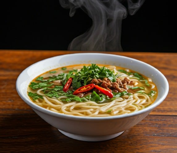 A steaming bowl of Thukpa, the iconic noodle soup of Sikkim, ready to warm your soul.