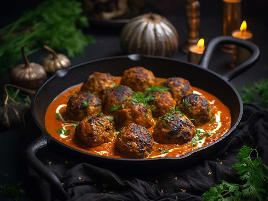 A well garnished with coriander of Nargisi Kofta in a pan on the dining table.