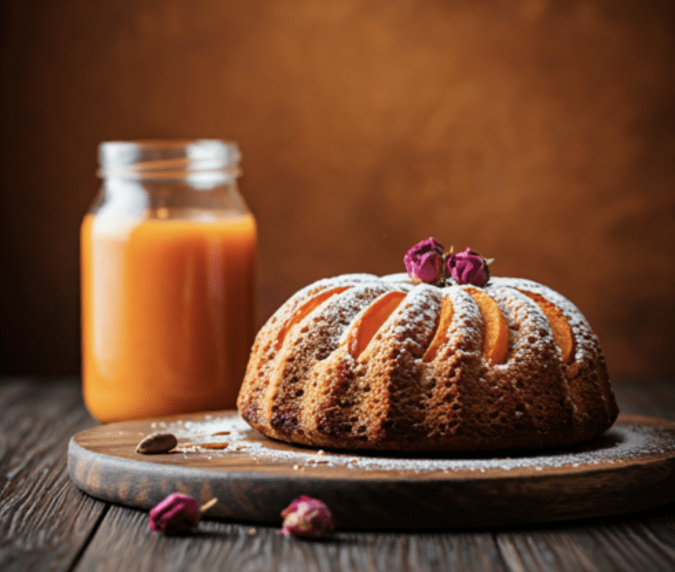 Apricot almond cake with rosewater and cardamom