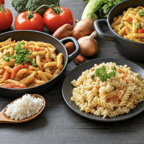 Assorted one pot lunch dishes on a table