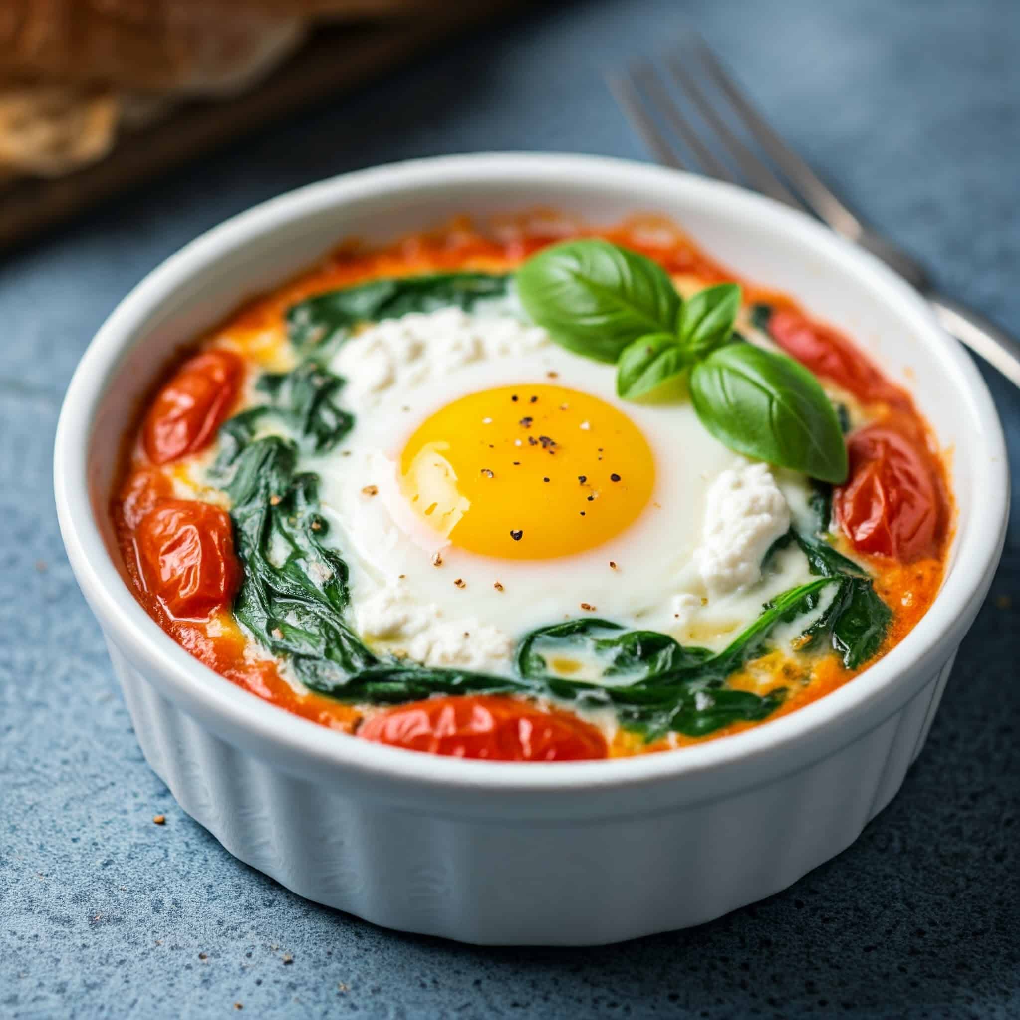 Baked Eggs with Spinach, Tomatoes, Ricotta & Basil