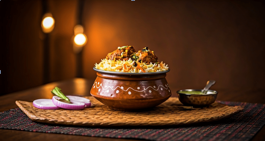 Delicious Hyderabadi Biryani ready to be served with onion and chutney