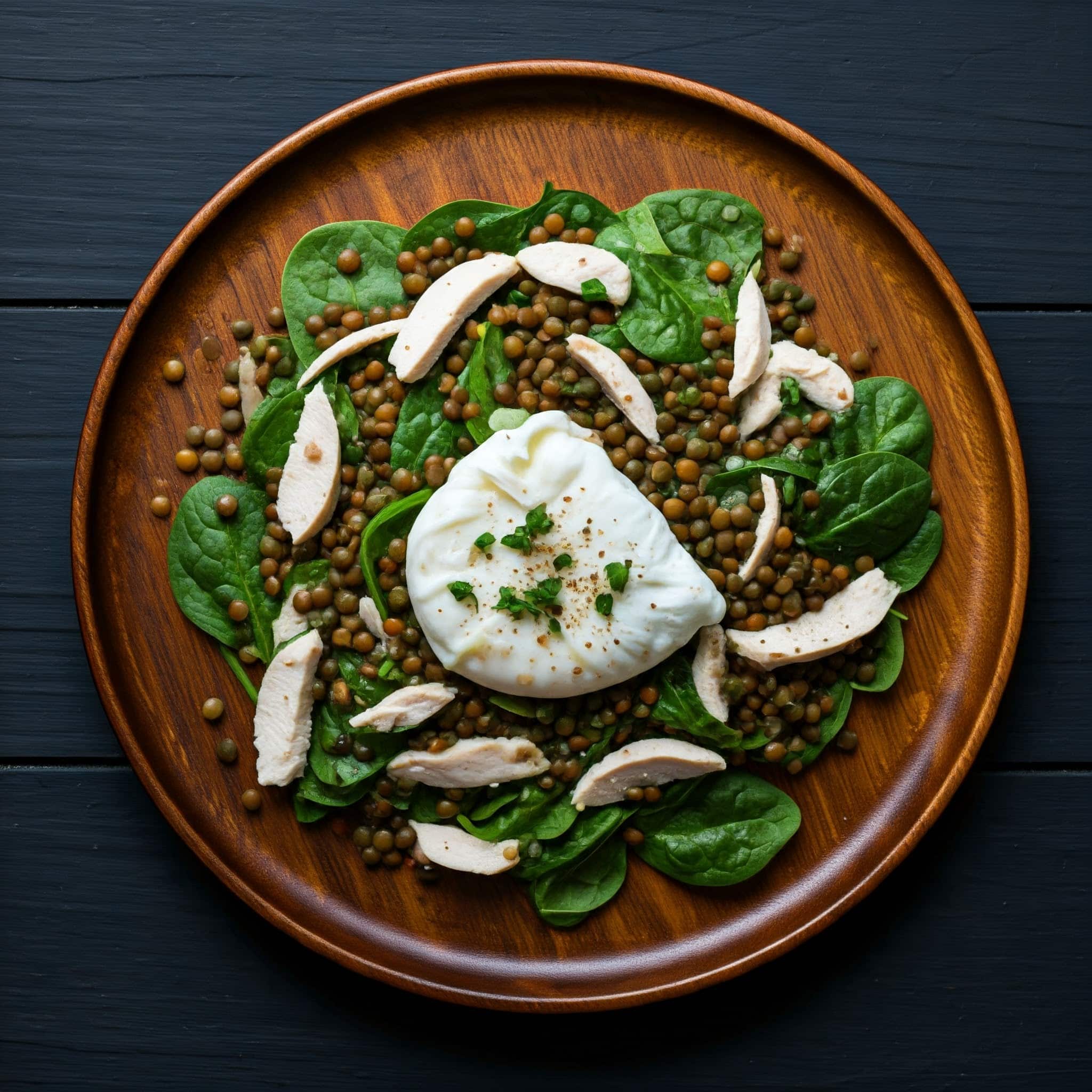 Lentil Shredded Spinach and Poached Chicken Salad