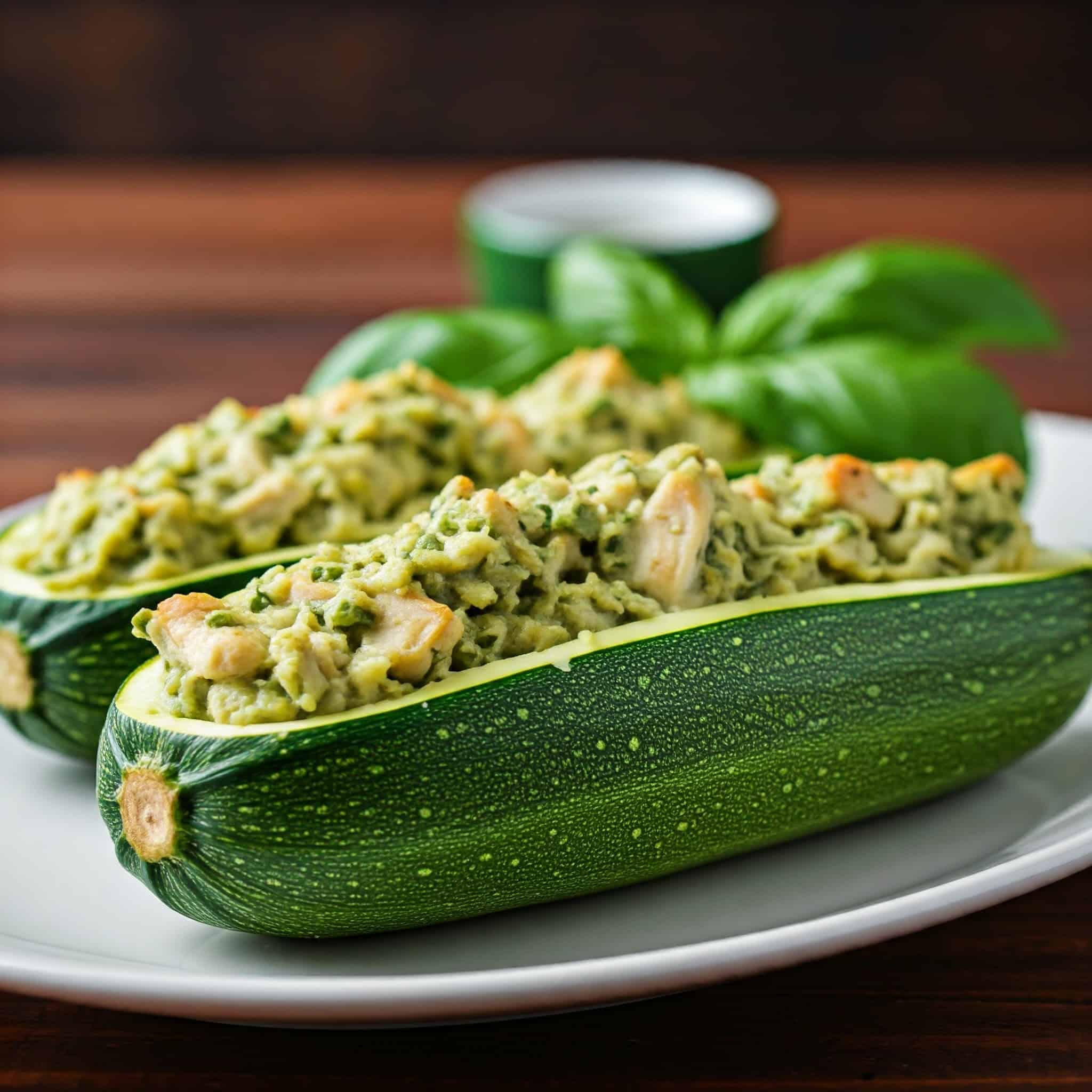 Pesto chicken stuffed zucchini boats