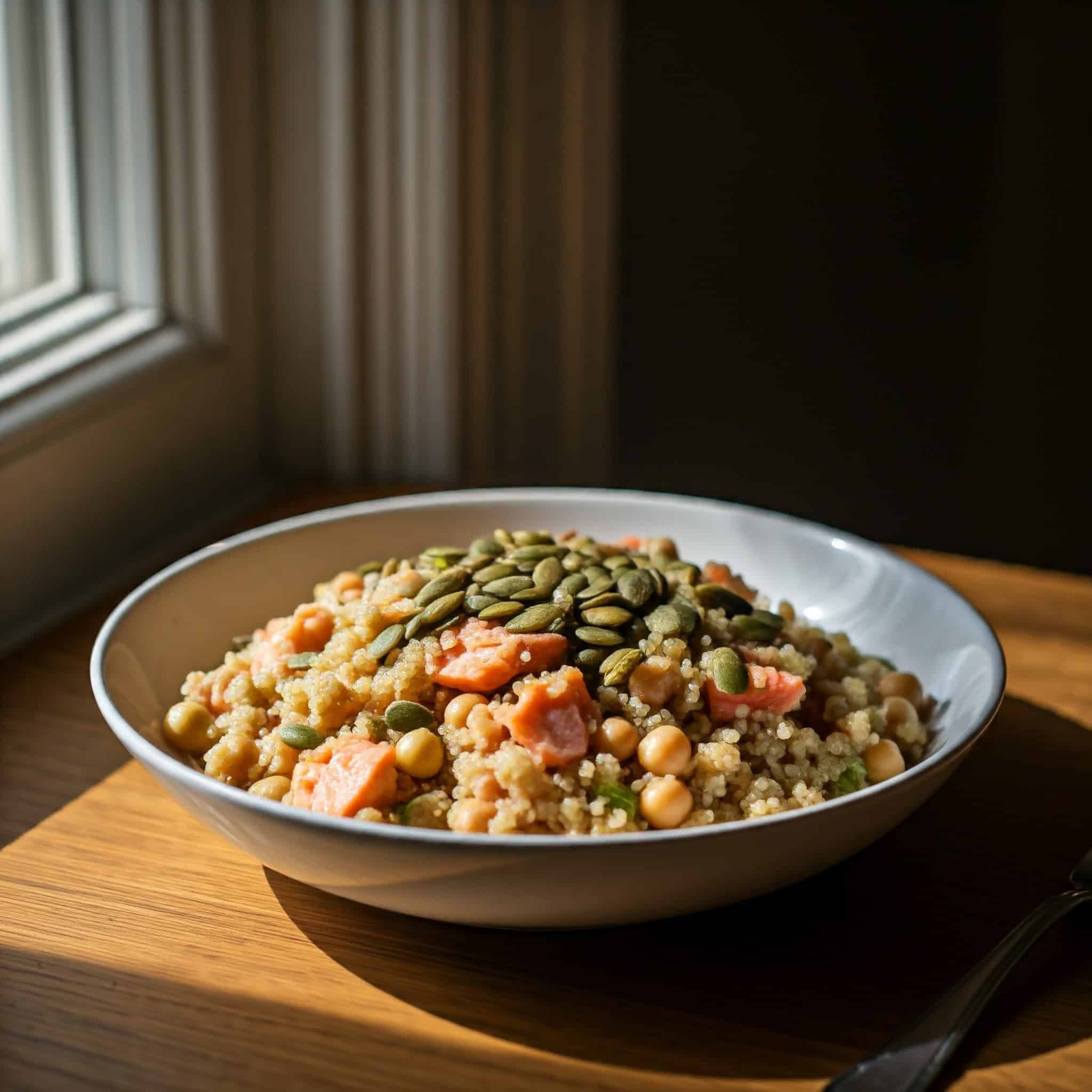 Quinoa Chickpea and Salmon Salad with Pepitas