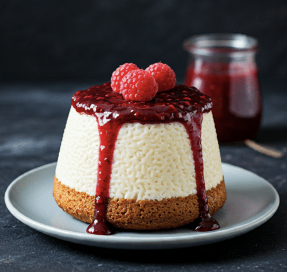 Rice pudding cake with raspberry jam sauce