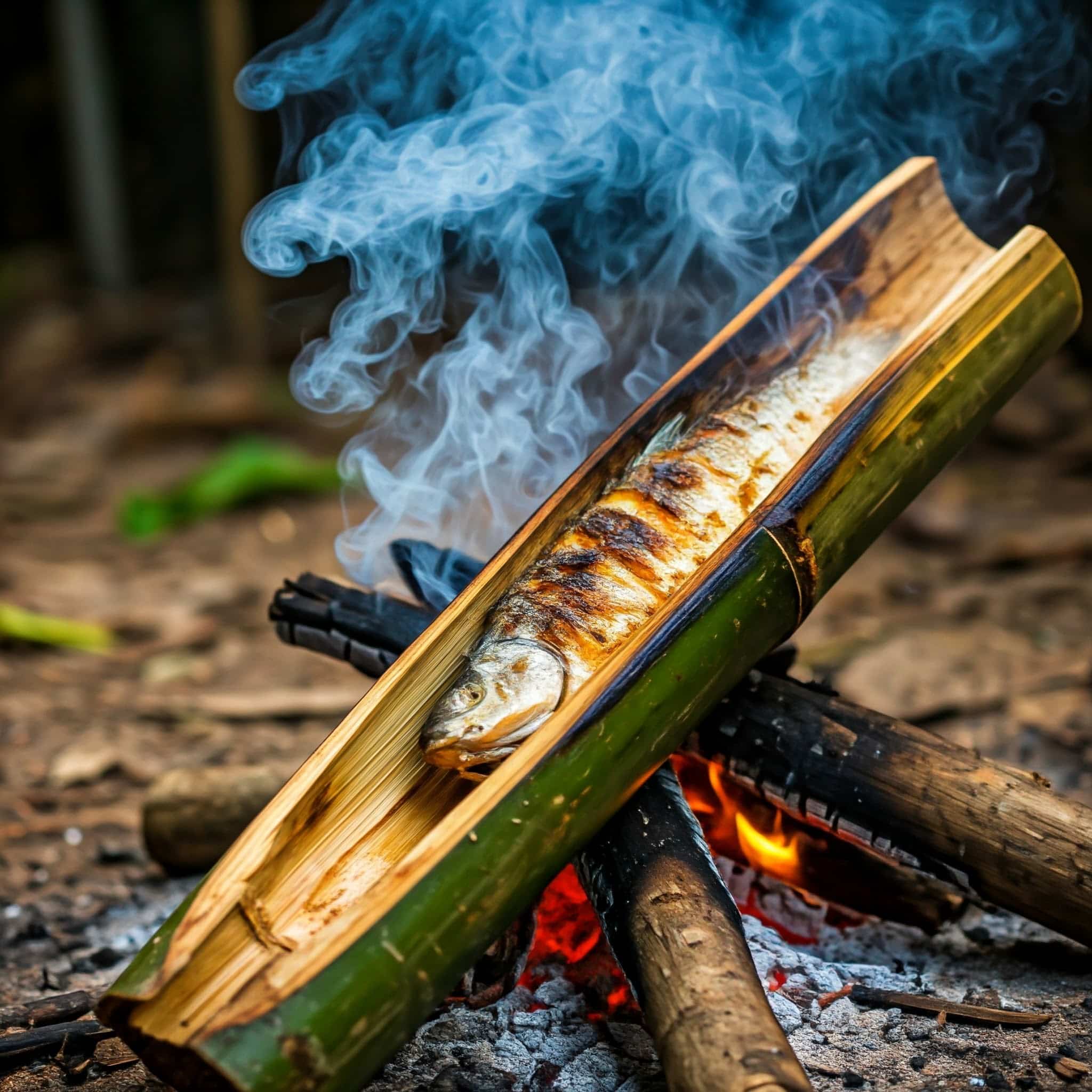 A graphic illustration of fish cooked in bamboo