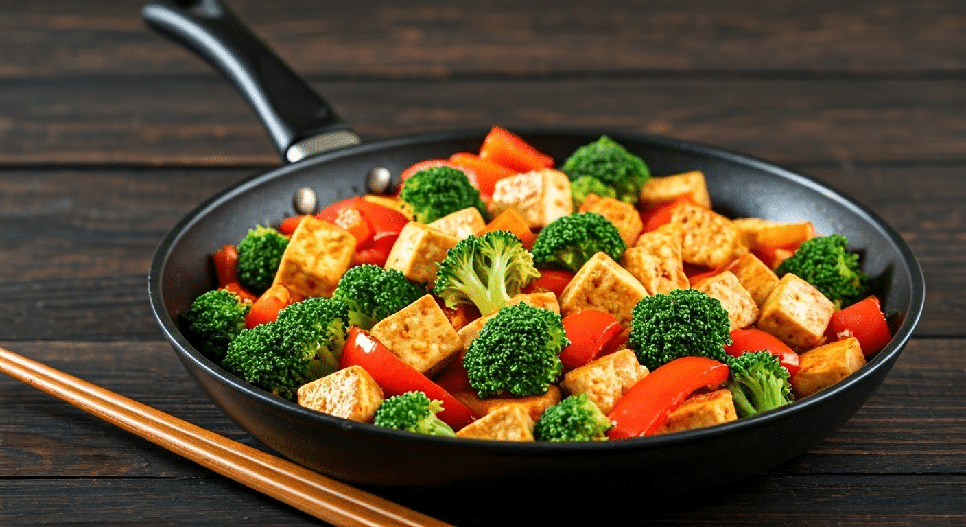 Spicy tofu stir fry in pan