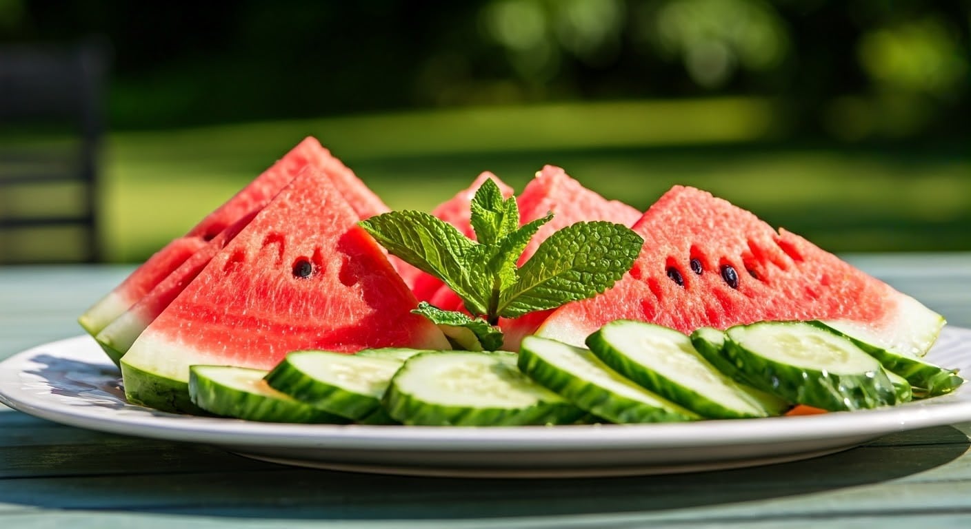 freshly cut cucumber and watermelon on a platter